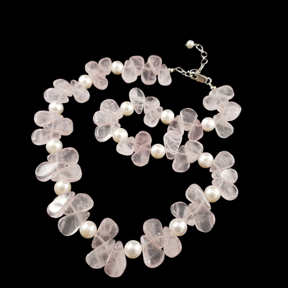 Pink quartz necklace gemstones real pearls sterling silver 925  A0322 -Q1 - Picture 7 of 8